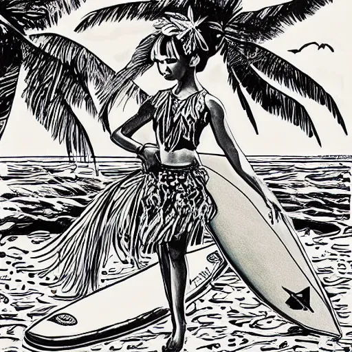 Prompt: The drawing depicts a young girl in a traditional hula outfit. She is standing on a surfboard in front of a beautiful ocean landscape. Versacci by Robert Williams, by Jim Mahfood atmospheric