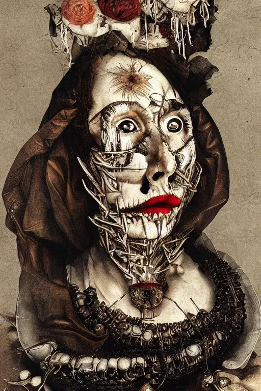 Prompt: Detailed maximalist portrait with large lips and with large eyes, sad expression, skeletal, HD mixed media, 3D collage, highly detailed and intricate, surrea, illustration in the style of Caravaggio, dark art, baroque