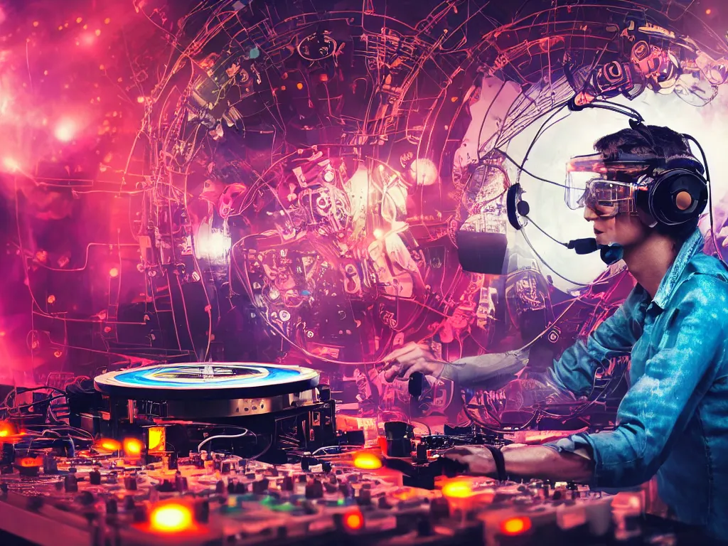 Image similar to a person wearing goggles and visor and headphones using a steampunk record player contraption, wires and tubes, turntablism dj scratching, intricate planetary gears, cinematic, imax, sharp focus, leds, bokeh, iridescent, black light, fog machine, hazy, lasers, hyper color digital art, cyberpunk