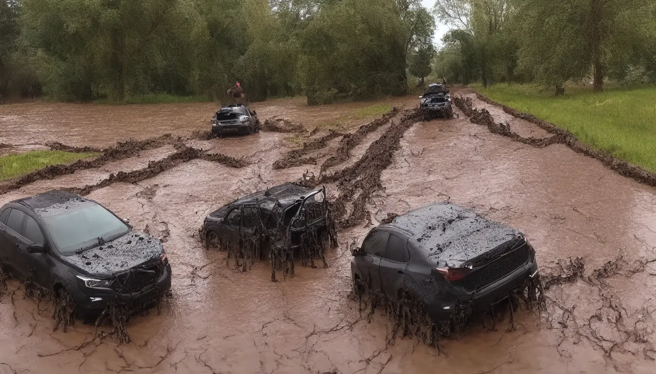 Prompt: bodycam of high speed chase trough mud with trycicles, very detailed, realistic, 4 k