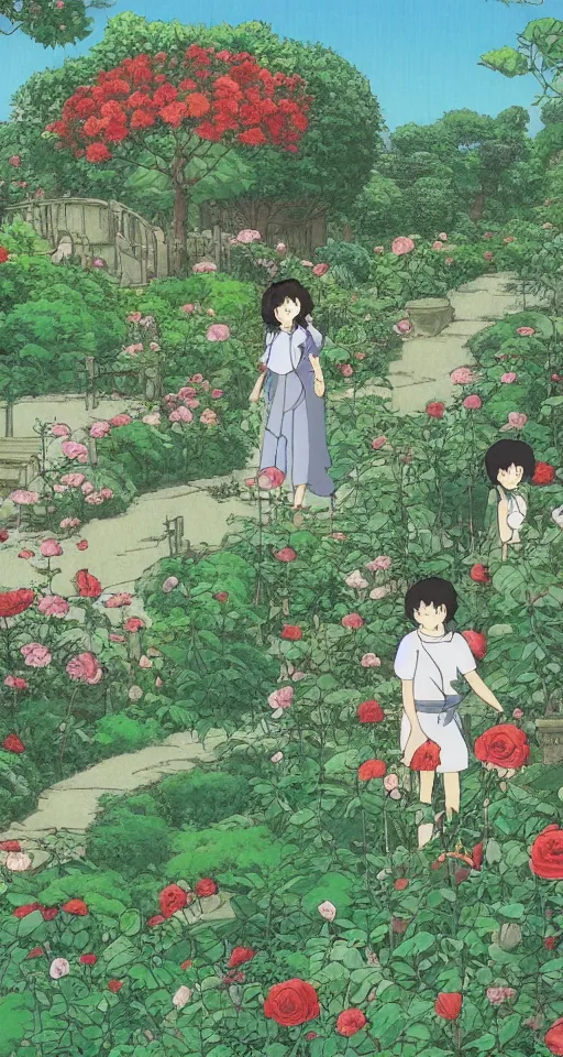 Image similar to studio ghibli rose garden by hayao miyazaki