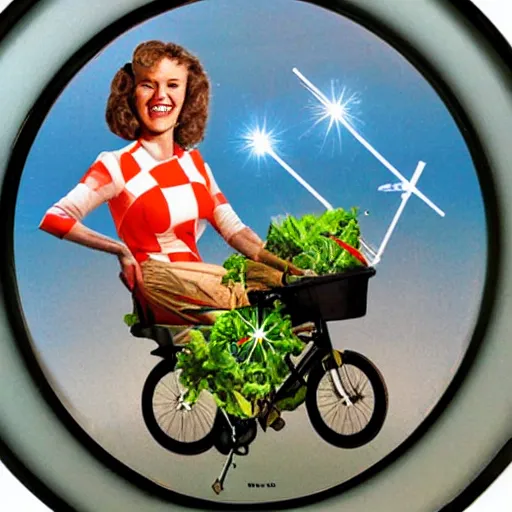 Prompt: bicycle turret lady plane grown face bin shooting laser plastic rock eating salad warned, collage artwork