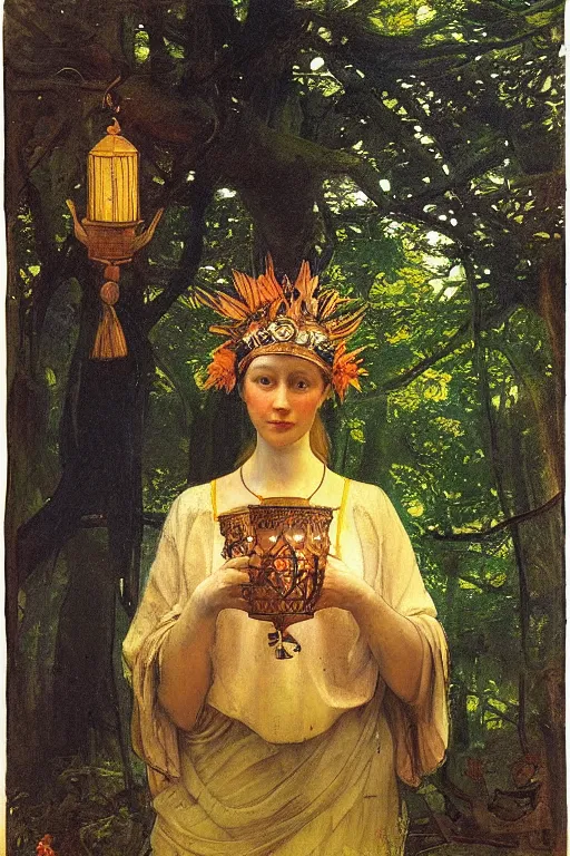 Prompt: queen of the forest with her lantern by Annie Swynnerton and Nicholas Roerich and Vermeer, strong dramatic cinematic lighting , ornate headdress , lost civilizations, smooth, sharp focus, extremely detailed