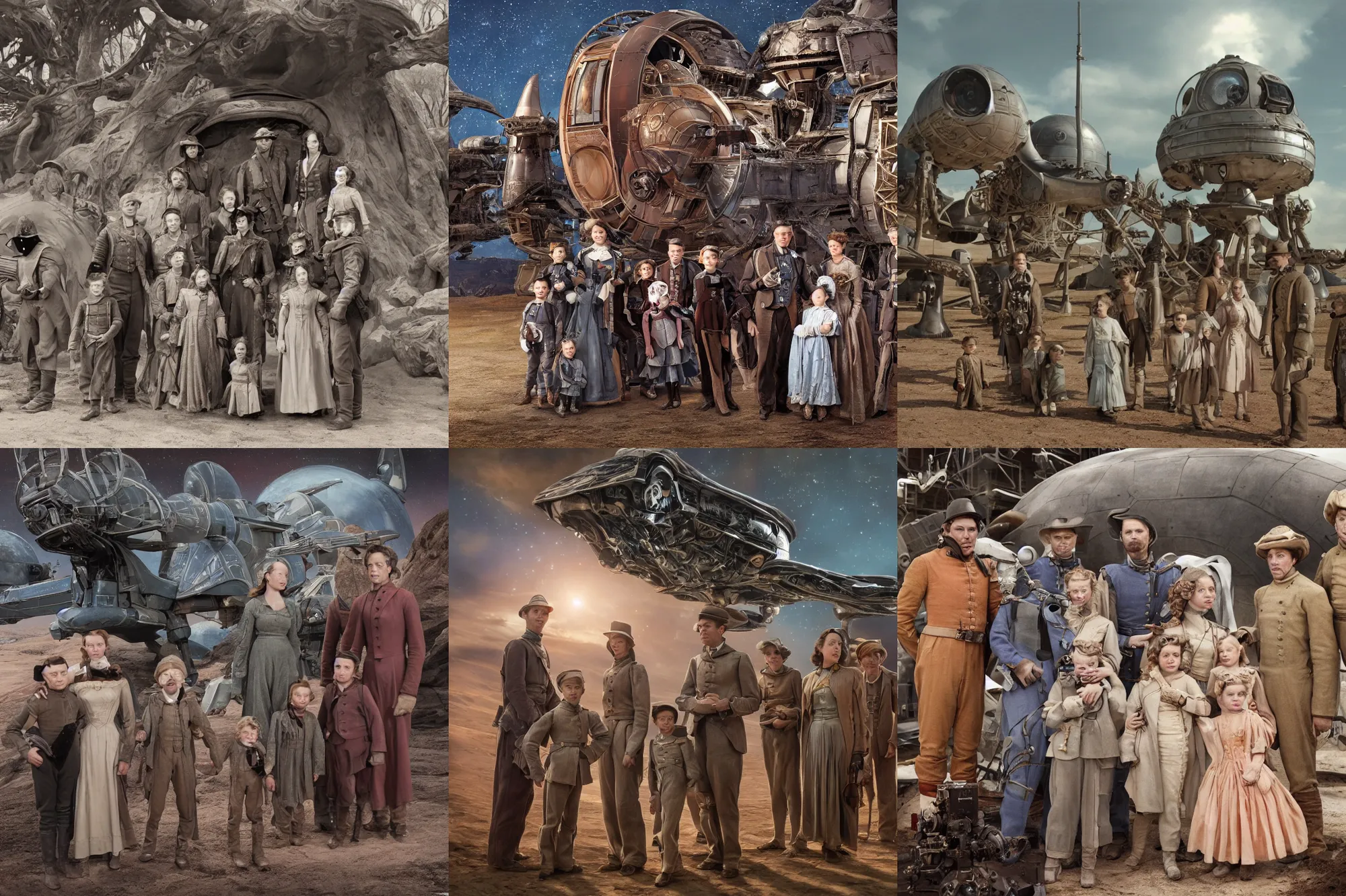 Prompt: highly detailed, 4194304k film still from a sci fi blockbuster color movie made in 2019, set in 1860, of a family standing in front of a spaceship that has just landed on an alien planet, a humanoid alien creature stands nearby, the family are all wearing 1860s era clothes, good lighting, good photography, high definition