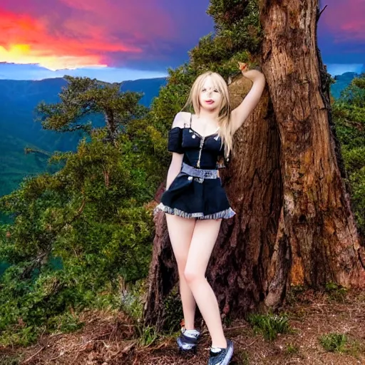 Prompt: misa amane standing near a beautiful landscape, mountain with a dead tree in the background, sunset with cloudy skies, in a different realm, award winning dslr photography, clear image, global illumination, radiant lighting, intricate environment