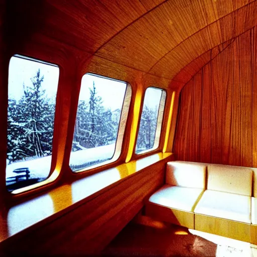 Image similar to the interior of a 1 9 7 0 s space ship carved out of wood, designed by eero saarinen, trees and snow visible through the windows