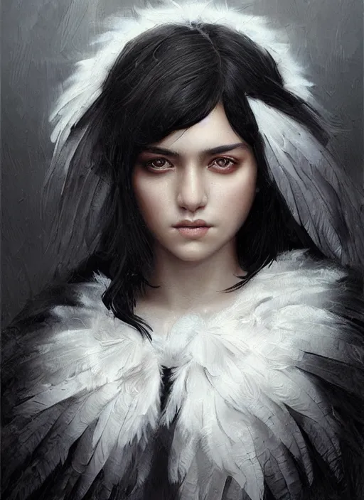 Image similar to a teenage girl with very short black hair and a huge cloak made of grey and black feathers. beautiful highly detailed face. beautiful painting by artgerm and greg rutkowski and raymond swanland, portrait