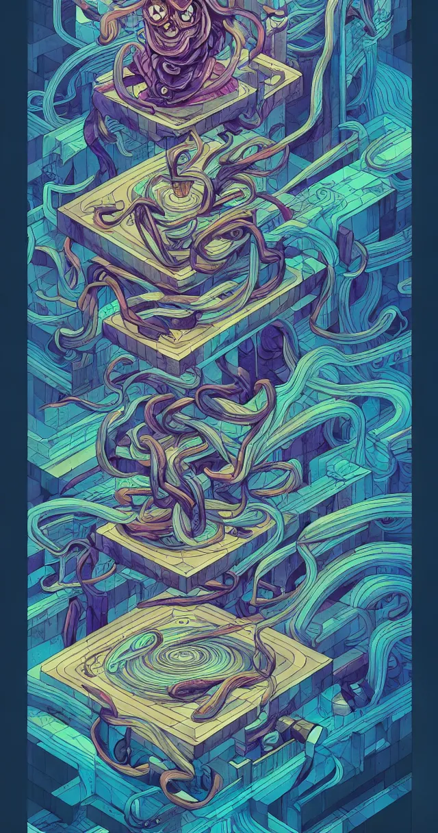 Image similar to arcane twisted turn of fate abstraction, centered award winning ink pen illustration, isometric abstract illustration by dan mumford, edited by craola, technical drawing by beeple and tooth wu, tiny details by artgerm and watercolor girl, symmetrically isometrically centered