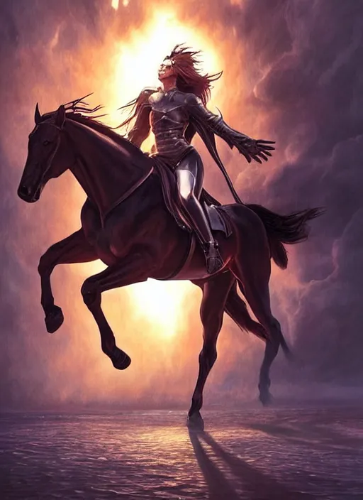 Image similar to the first horseman of the apocalypse riding a strong big black stallion, horse is running, the rider is carrying the scales of justice, beautiful artwork by artgerm and rutkowski, breathtaking, beautifully lit, dramatic, full view