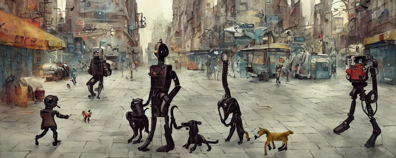 Prompt: adventurer _ _ _ _ _ _ 1 9 5 0 s _ retro _ future _ robot _ android _ and his robot dog on the city street _ muted _ colors. _ _ _ _ _ _ by _ jean _ baptiste _ monge