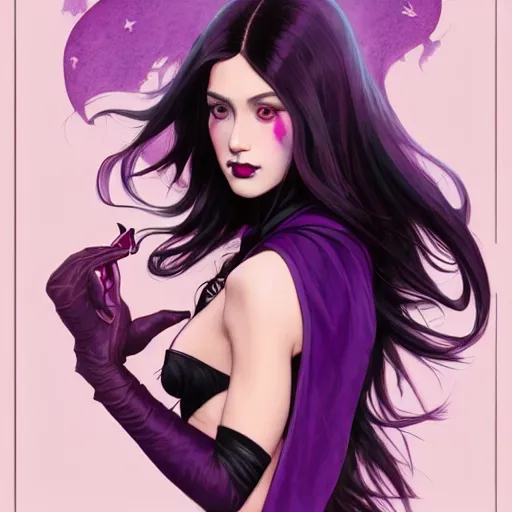 Image similar to american evil girl black - purple long hair, tane skin, purple eyes, dark purple lips, intricate, elegant, highly detailed, my rendition, digital painting, artstation, concept art, smooth, sharp focus, illustration, art by artgerm and greg rutkowski and alphonse mucha and uang guangjian and gil elvgren and sachin teng, symmetry!!