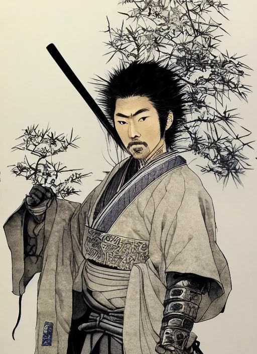 Prompt: portrait of a samurai, by joseph michael lisner, takehiko inoue and kim jung gi and hiroya oku, masterpiece ink illustration,