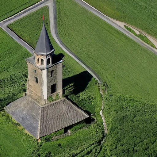 Prompt: Belltower of Burg Güssing in Südburgenland. Aerial photograph of landart installation by Christo Vladimirov Javacheff.