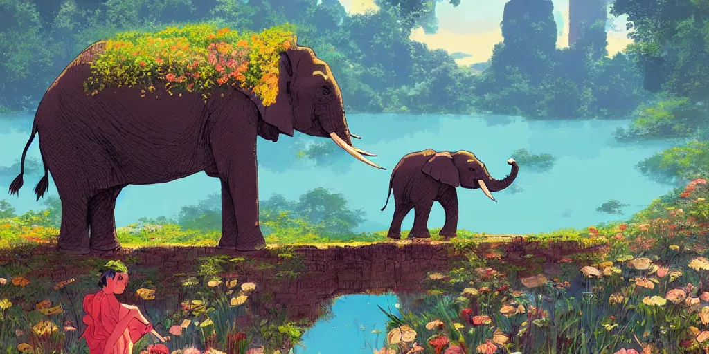 Prompt: elephant in front of a lake with gardens and waterfall vibrant highlights sharp contrast trending pixiv fanbox by victo ngai makoto shinkai takashi takeuchi studio ghibli