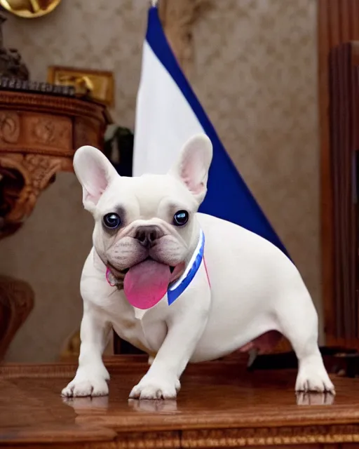 Image similar to White French Bulldog wearing a suit in the Oval Office with a flag in the background, detailed and intricate