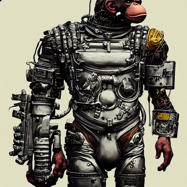 Image similar to a portrait of a muscular anthropomorphic cyberpunk chimp in spacesuit armor with ensignia on chest plate by sandra chevrier, by jon foster, detailed render, pistol in holster, extremely hyperdetailed, tape deck, epic composition, cybernetics, 4 k realistic, cryengine, realistic shaded lighting, sharp focus, masterpiece, by enki bilal