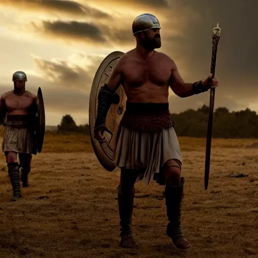 Prompt: epic cinematic film still of joe biden as leonidas in 3 0 0 movie, golden hour lighting, moody sky, 8 k