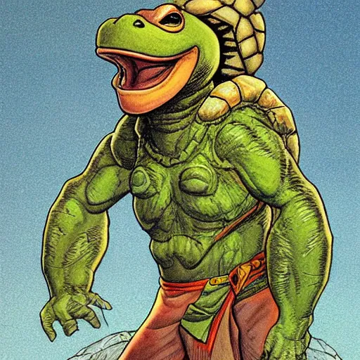 Prompt: anthropomorphic turtle hero by moebius