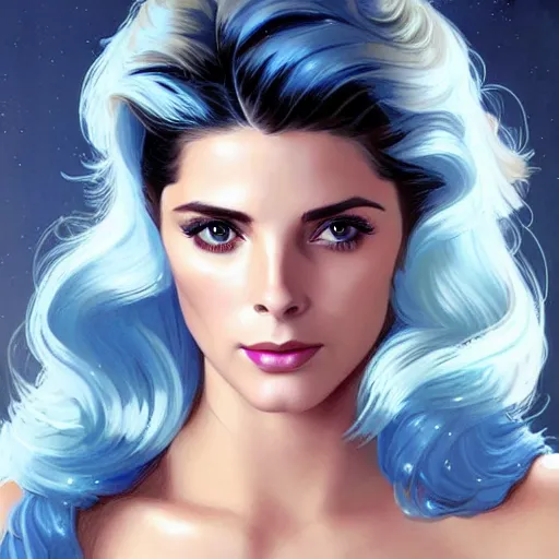 Image similar to Ashley Greene's face combined with Grace Kelly's face with blue hair as a Space Marine, western, D&D, fantasy, intricate, elegant, highly detailed, digital painting, artstation, concept art, matte, sharp focus, illustration, art by Artgerm and Greg Rutkowski and Alphonse Mucha