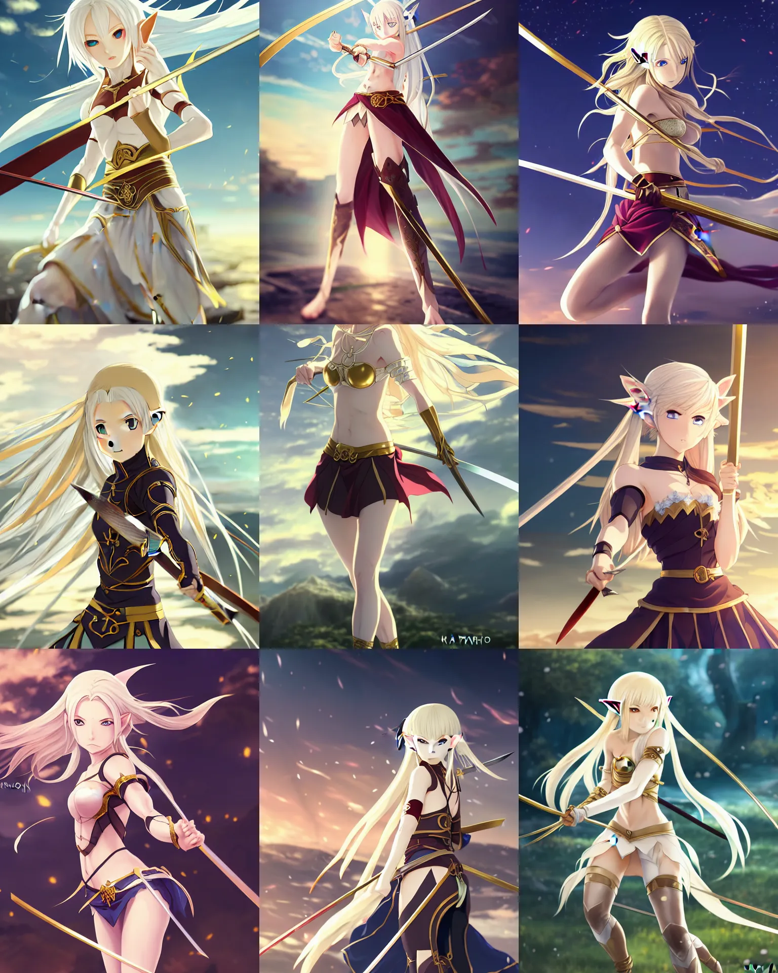 Prompt: renaissance anime brave elf girl with white skin, strong pose, stunning face, katana in hand, golden hair blowing the wind, strong pose, chibi, trending art, dynamic photography, centered, fate zero, extremely high detailed, bokeh color background, studio ghibly makoto shinkai yuji yamaguchi, by wlop