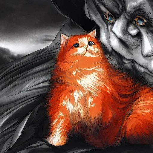 Image similar to fat orange cat, berserk, manga panel, murata, 4k, realistic