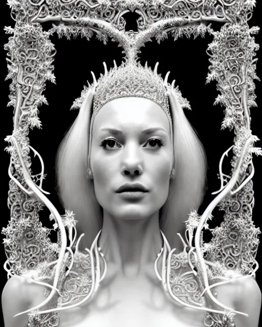 Image similar to bw 3 d render of a beautiful female queen - cyborg - vegetal, dressed in long elegant intricate ornamental white dress, intricate fractal ornament in the bust with a very long neck, elegant, highly detailed intricate baroque ornament in her blond long hair, realistic, refined, highly detailed, cinematic outdoor lighting, fine art photography by flora borsi, volumetric lighting, hyper realistic photography