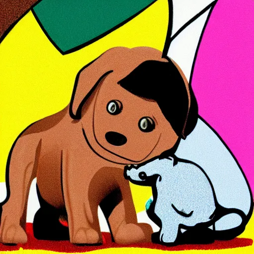 Image similar to Steve Jobs playing with a light brown puppy, pop art, highly detailed