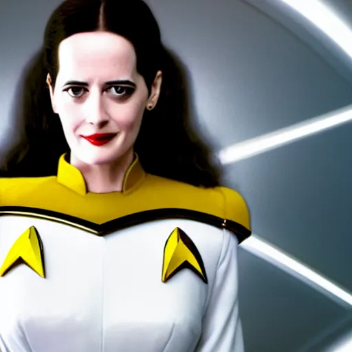 Image similar to a full body photograph of 3 0 year old eva green as a star fleet officer from star trek next generation, ultra rendered, extreme realism and detail, 8 k, completely framed, hyper realistic, direct lighting, 3 5 mm photo, photorealistic, sharp focus