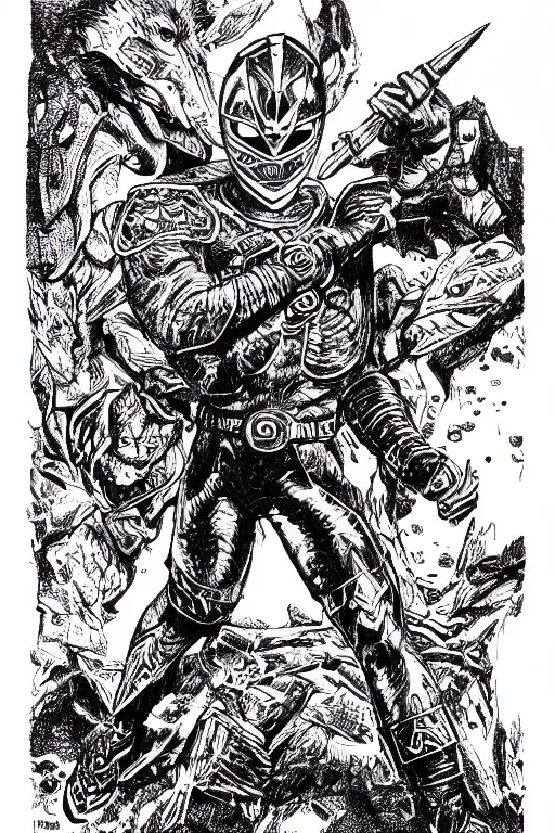 Image similar to a power ranger as a d & d monster, pen - and - ink illustration, etching, by russ nicholson, david a trampier, larry elmore, 1 9 8 1, hq scan, intricate details, high contrast