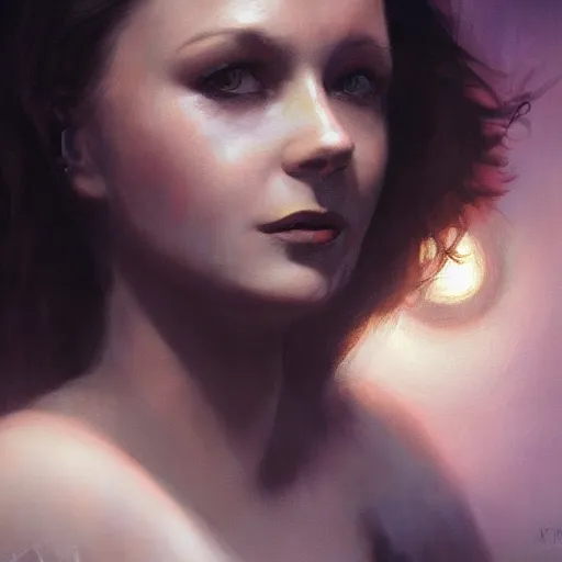 Prompt: closeup portrait of a young vivian leigh, crying, chiaroscuro, city background, night, moon, dramatic lighting, complementary contrast, high detail, painted by greg rutkowski, painted by igor kieryluk, trending on artstation