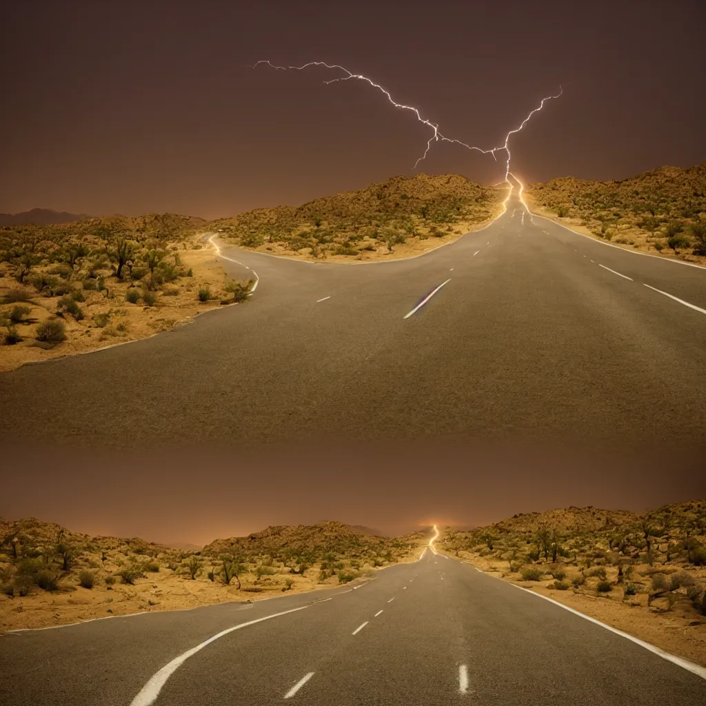 Prompt: photo of road at night desert distant flash of lightning
