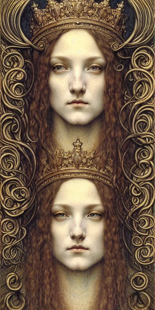 Image similar to detailed realistic beautiful young medieval queen face portrait by jean delville, gustave dore and marco mazzoni, art nouveau, symbolist, visionary, gothic, pre - raphaelite. horizontal symmetry