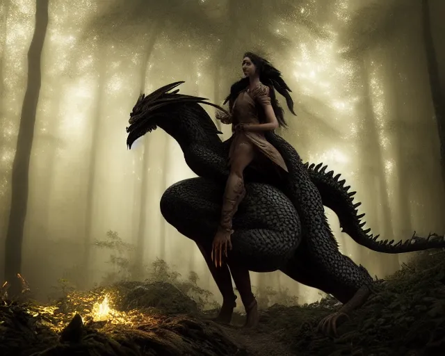 Image similar to 5 5 mm portrait photo of a dragon rider, in a magical forest. dark atmosphere. art by greg rutkowski. highly detailed 8 k. intricate. lifelike. soft light. nikon d 8 5 0.