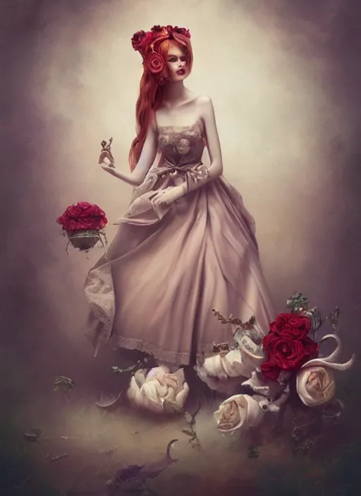 Image similar to pop surrealism, lowbrow art, realistic cute seductive alice girl painting, romantic gown, hyper realism, muted colours, rococo, natalie shau, loreta lux, tom bagshaw, mark ryden, trevor brown style,