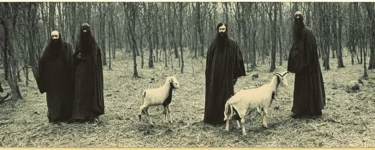 Image similar to still of breaton monks looking like rasputin with a goat from movie stalker ( 1 9 7 9 ) by andrei tarkovsky, polaroid