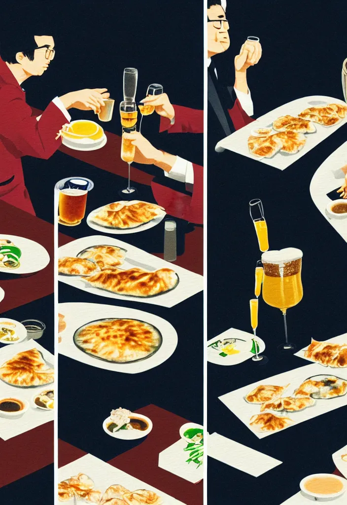 Image similar to two businessmen eating gyoza and drinking beer at an outdoor table in nighttime izakaya in shinbashi tokyo, japan, a collage painting, in the style of wes anderson, lola dupre, david hockney, isolated on negative white space background dark monochrome fluorescent neon spraypaint accents volumetric octane render