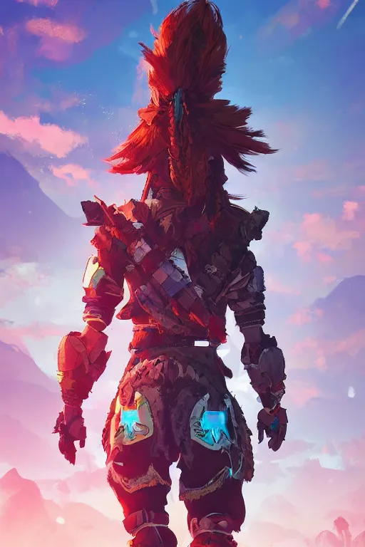 Image similar to combination suit armor aloy horizon forbidden west horizon zero dawn radiating a glowing aura global illumination ray tracing hdr fanart arstation by ian pesty and alena aenami artworks in 4 k tribal robot ninja mask helmet backpack