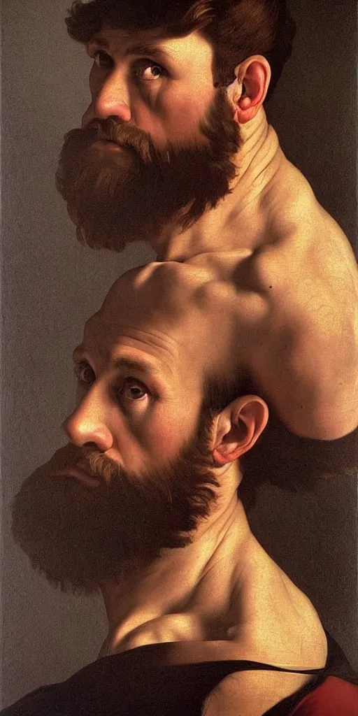 Prompt: middle-aged strong man with short light brown hair and short beard, very realistic, very detailed, 4k masterpiece, art by Caravaggio