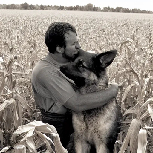 Prompt: a humanoid german shepherd beast - man hugging his friend in a corn field vintage sepia detailed 8 k