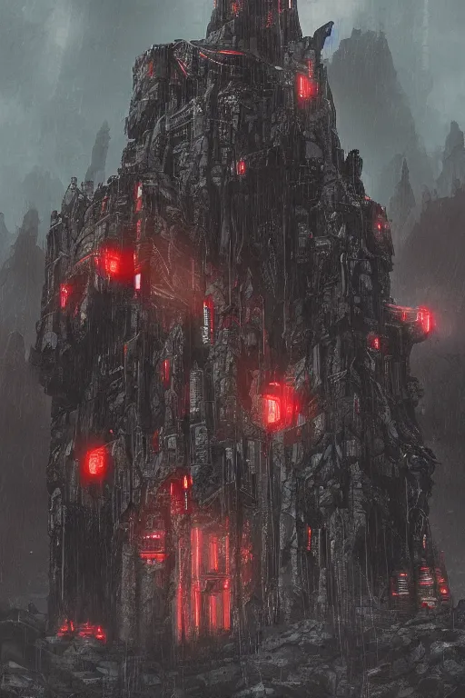 Prompt: castle of satan, cyberpunk, dark, alien planet, trending on artstation