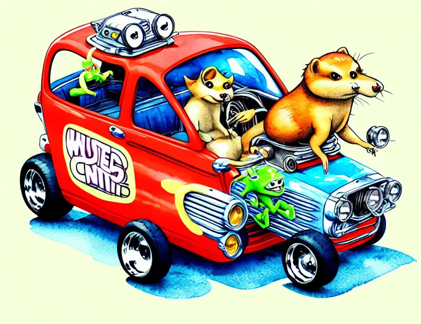 Image similar to cute and funny, weasel riding in a tiny hot rod with oversized engine, ratfink style by ed roth, centered award winning watercolor pen illustration, isometric illustration by chihiro iwasaki, edited by range murata, tiny details by artgerm and watercolor girl, symmetrically isometrically centered