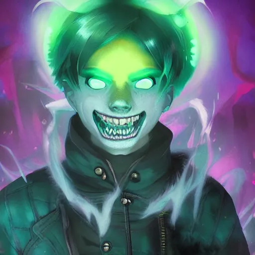 Image similar to Young Danny phantom, ghostly, with glowing green eyes and sharp teeth fangs alt art fashion punk, art by WLOP and Charlie Bowater and WLOP and Mark Arian and Ross Tran + neon colors, symmetry,A digital matte intricate illustration concept art , intricate complexity, epic composition, magical atmosphere, highly detailed, cinematic lighting + masterpiece, trending on artstation + 8k