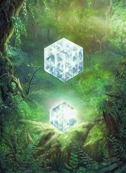 Image similar to a crystal cube in a forest, highly detailed, intricate, concept art, art station, cinematic light, realistic, ethereal light, art by Terry Moore