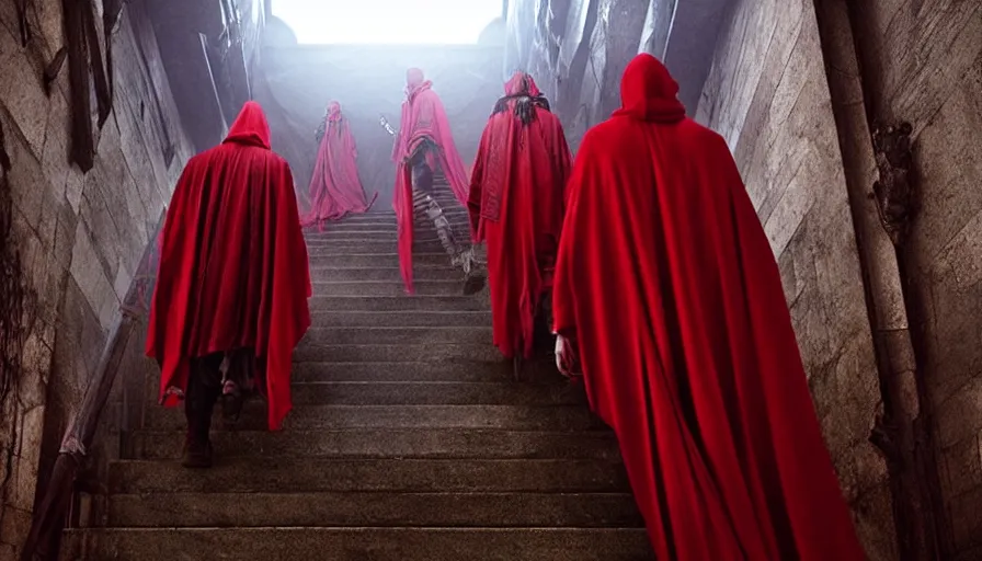 Image similar to figures in red cloaks ascend huge creepy fantasy stairs, cinematic, movie still, art by ruan jia and albert voidstar