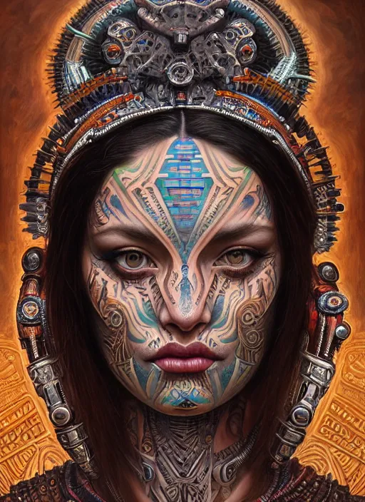 Image similar to hyper detailed masterpiece beautiful aztec face tattoo girl by donato giancola and tom bagshaw, face by artgerm and edmund leighton, and h. r. giger, trending on artstation, colorful, psychedelic aesthetic, ornate, background by james jean, 8 k, biomechanical, majestic, volumetric lighting, porcelain skin, concept art, sharp focus