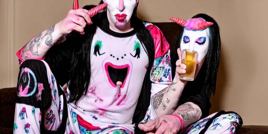 Prompt: photo of marilyn manson in a unicorn pajamas, drinking chamomile tea, 8 k, highly detailed