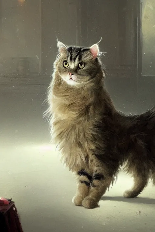 Image similar to of a gelement with the head of a british longhair cat, wearing vest suite in the night club, by greg rutkowski