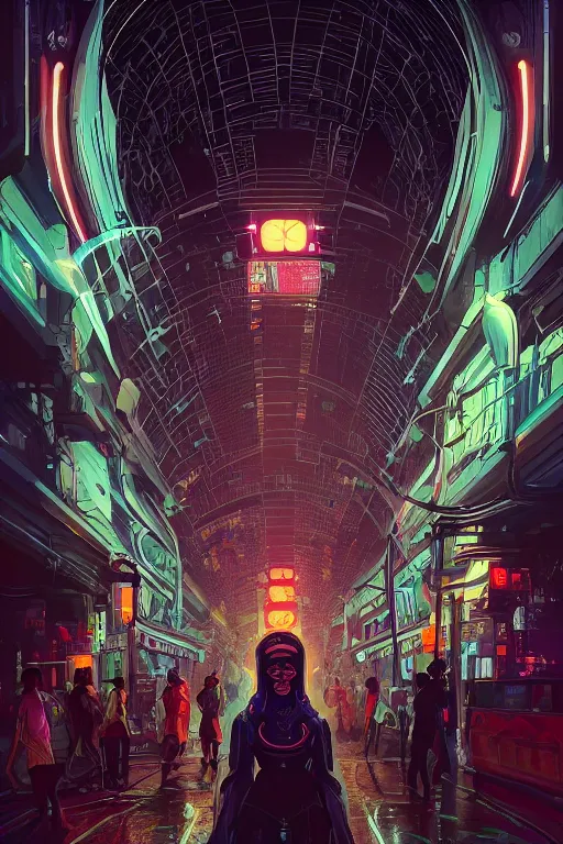 Image similar to futuristic cyberpunk, streets of calcutta , tram, sci-fi, fantasy, intricate, very very beautiful, elegant, neon light, highly detailed, digital painting, artstation, concept art, smooth, sharp focus, illustration, art by alphonse mucha and tian zi and WLOP