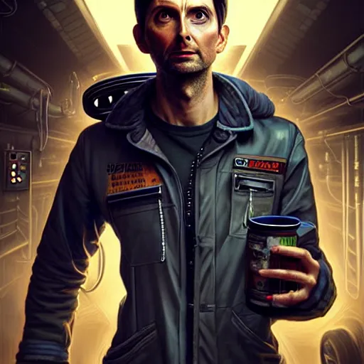 Image similar to portrait painting of a cyberpunk mechanic david tennant, ultra realistic, concept art, intricate details, eerie, highly detailed, photorealistic, octane render, 8 k, unreal engine. art by artgerm and greg rutkowski and charlie bowater and magali villeneuve and alphonse mucha