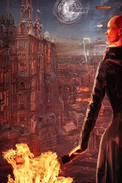 Image similar to in the foreground Saint Petersburg in cyberpunk, in the background a magnificent young blonde woman from behind playing with flames coming out of her hands wearing a long matrix-style jacket, realistic, high definition, many details, dramatic scene, symmetrical face, eyes realistic, art of enki bilal